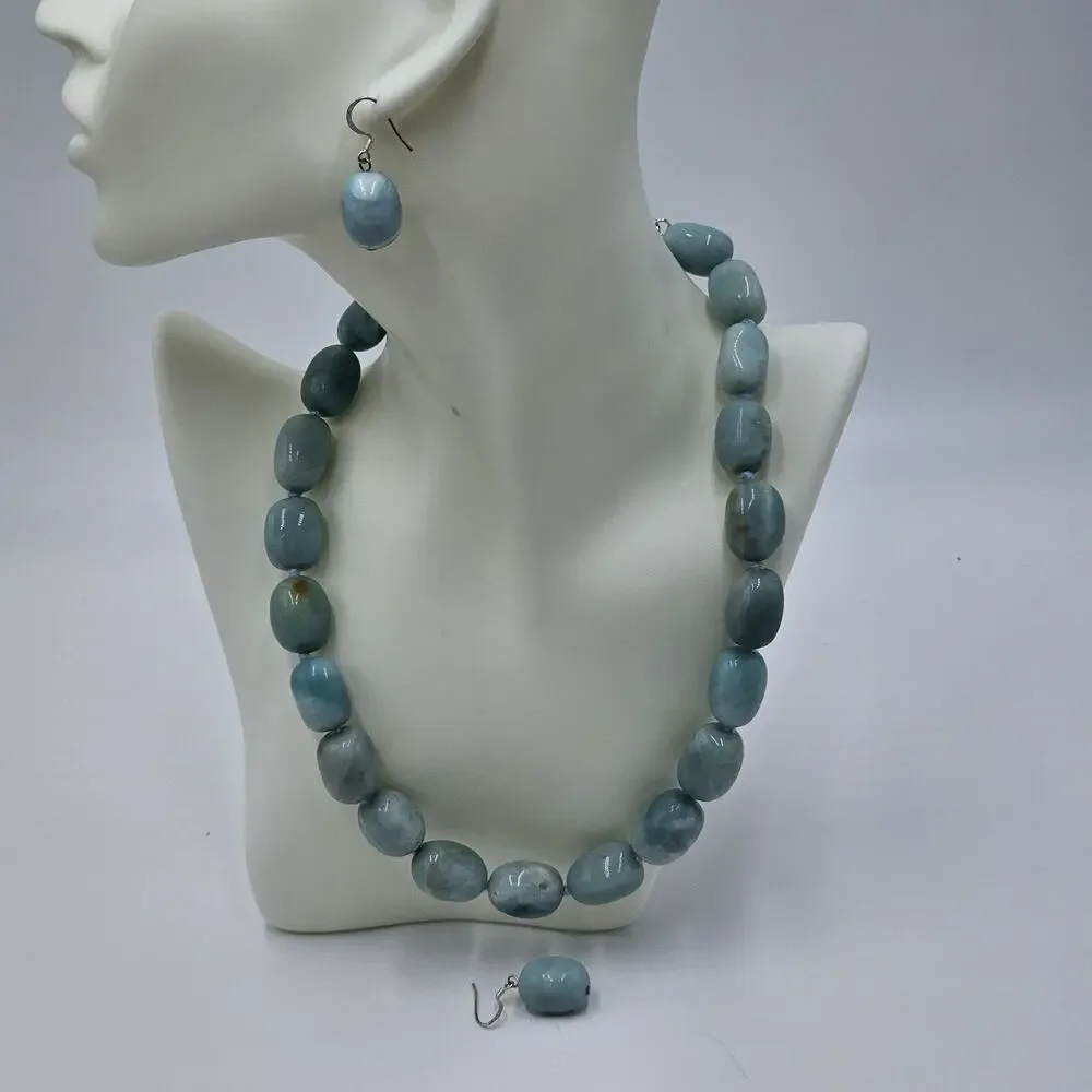 Larimar Blue Stone Bead Necklace & Earrings Set GSJ 925 Sterling